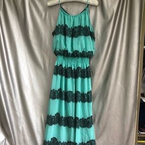 Pretty Maxi Dress in Green with Black lace print